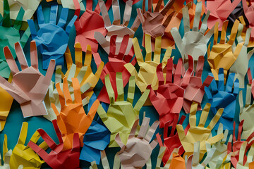 Collage of the colorful paper hands as symbol of diversity and inclusion - obrazy, fototapety, plakaty