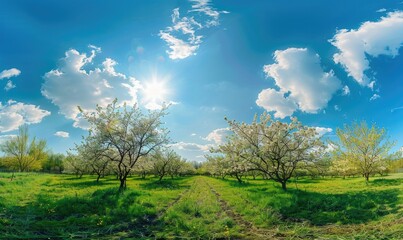 Blue skies over a blooming orchard