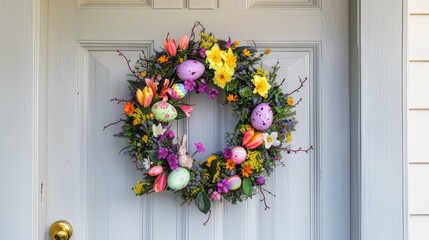 a porch adorned with a white front door, embellished with a Spring wreath featuring Easter motifs like eggs, flowers, and bunnies, against a backdrop of rich spring colors.