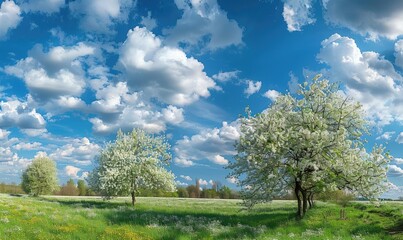 Blue skies over a blooming orchard