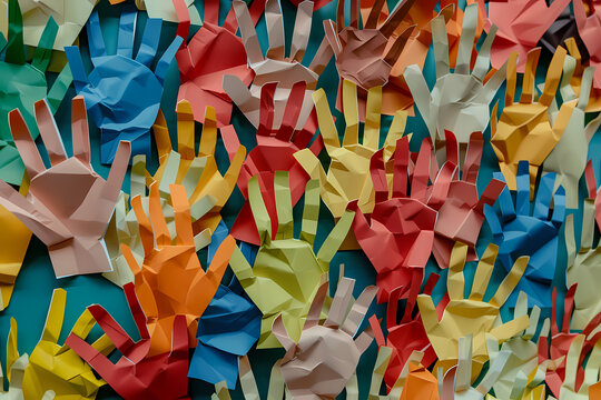 Collage of the colorful paper hands as symbol of diversity and inclusion