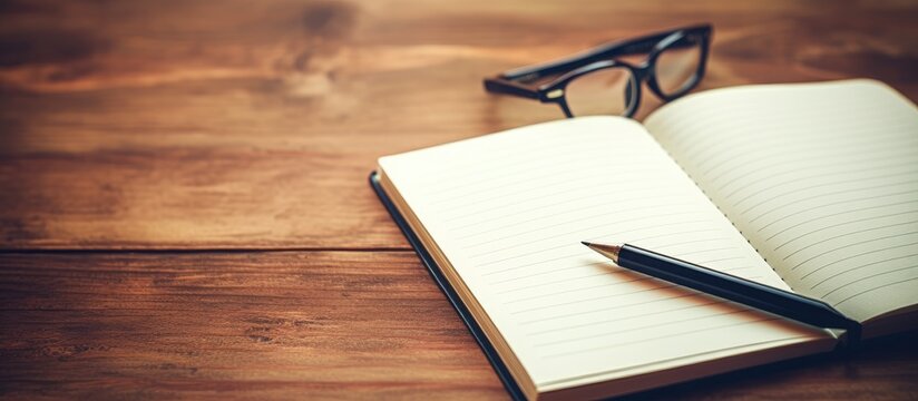 Person writing in notebook with pen and glasses on table