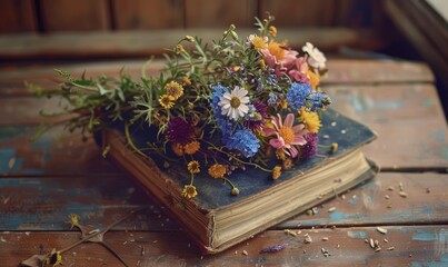 Bouquet of wildflowers placed on top of an antique book