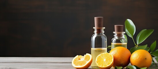 Two bottles of orange essential oil with fresh oranges on a table