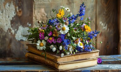 Fototapeta na wymiar Bouquet of wildflowers placed on top of an antique book