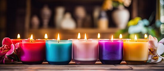 Colorful candles in a row with flowers in the background