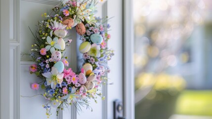 Fototapeta na wymiar a porch adorned with a white front door, embellished with a Spring wreath featuring Easter motifs like eggs, flowers, and bunnies, against a backdrop of rich spring colors.