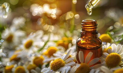 Chamomile essential oil and chamomile flowers closeup, skin care cosmetic concept