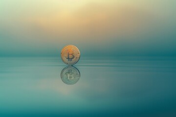 minimalistic single bitcoin on reflective water surface  diffused light evoking an sense of simplicity and elegance.