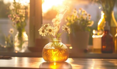 Chamomile essential oil diffuser in a cozy room, aromatherapy