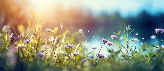 Flowers amidst green grass against a watery backdrop - obrazy, fototapety, plakaty