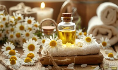 Obraz na płótnie Canvas Chamomile essential oil in a dropper bottle, closeup view, skin care cosmetic background