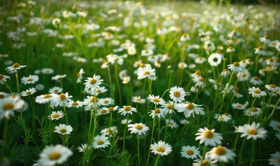Fototapeta premium Chamomile plant growing in a garden, spring nature background
