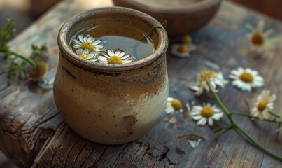 Chamomile tea in a rustic cup, closeup view
