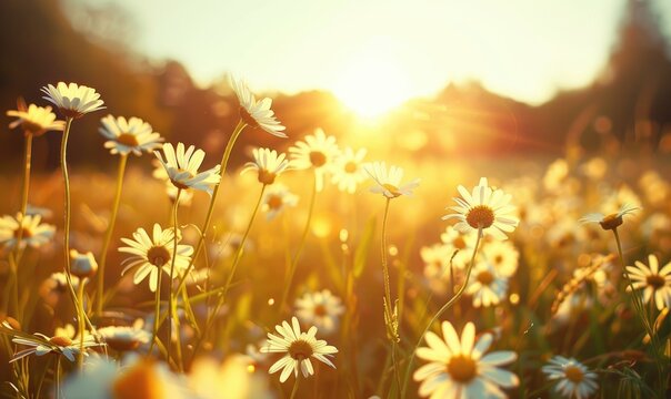 Chamomile field at golden hour, spring nature background