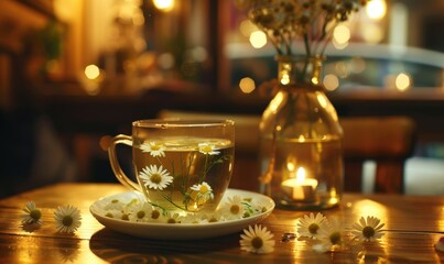 Chamomile tea served in a cozy cafe