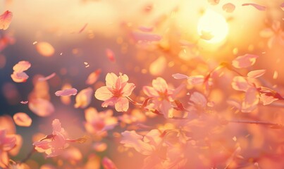 Cherry blossom petals in the breeze, floral background, soft focus, blurred background