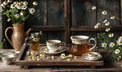 Fototapeta premium Chamomile tea set on a wooden tray