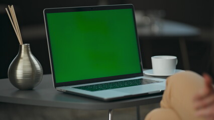 Unknown businesswoman speaking green screen laptop closeup. Manager gesturing