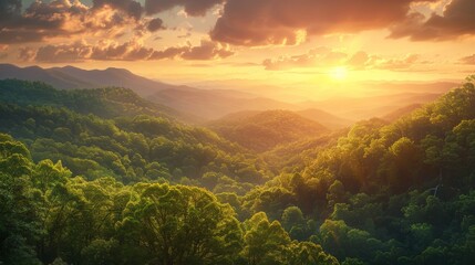 Setting Sun Over Mountains and Trees - Powered by Adobe