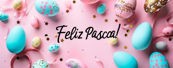 Feliz Pascoa - Happy Easter in Portuguese. Abstract background with painted Easter eggs. Easter concept background. - obrazy, fototapety, plakaty