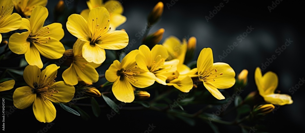 Poster Yellow flowers in vase on dark background