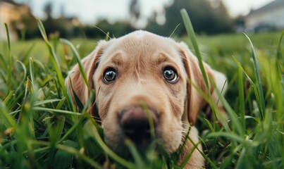 Close-up of a curious Labrador puppy exploring a grassy field