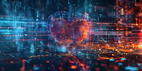 A heartbeat line transitions to digital code representing realtime heart health care. Concept Healthcare Technology, Heart Health Monitoring, Digital Transformation, Real-time Data Analysis