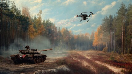 a drone armed with explosives hovering over a tank amidst a lush summer forest, vividly depicting the stark contrast between beauty and danger in the saturated summer colors. - obrazy, fototapety, plakaty