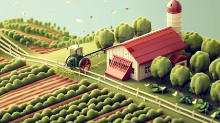 Fotobehang Stylized miniature farm with tractor and barn © Amil
