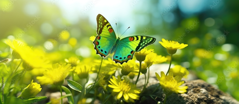 Poster Butterfly on rock in grass