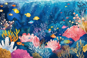 A colorful coral reef teeming with tropical fish and sea creature
