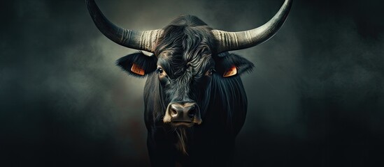Brave bull with large horns in dim light