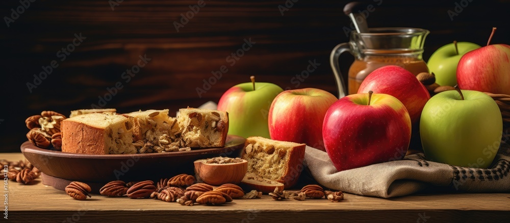 Sticker Apples, bread, and honey jar on table