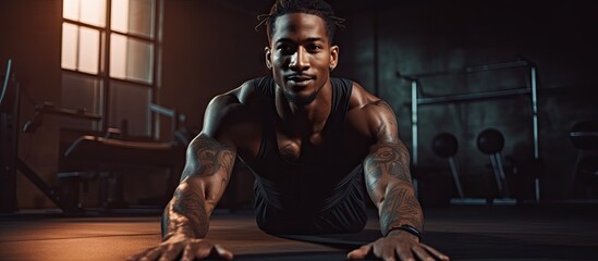 Fototapeta na wymiar A man doing push ups in a dimly lit gym