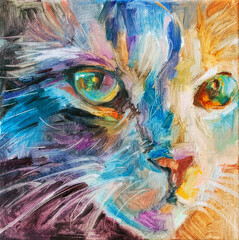 Dipinto tradizionale ad olio con pennellate ricche e corpose astratte su tela di gattina di profilo con colori vividi e accesi e occhi grandi con dettagli all'interno - obrazy, fototapety, plakaty
