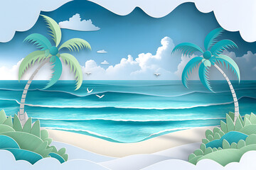Fototapeta na wymiar Incredible tropical beach landscape with beautiful palm trees, coastal waves,with elements of paper cut, the concept of tourism,travel,beach holidays,spa industry,relaxation