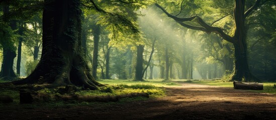 Dirt pathway winding through dense forest foliage