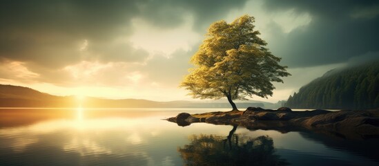 A lone tree on a small island in the middle of a lake - Powered by Adobe