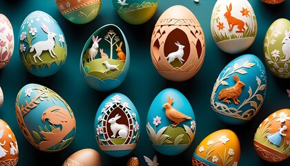 Colorful Easter eggs with intricate cut-out designs on a teal background.
