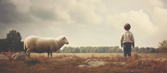 Foto op Plexiglas Man standing beside sheep in field © Ilgun