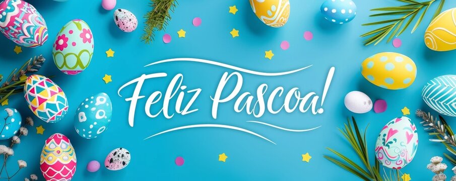 Feliz Pascoa - Happy Easter in Portuguese. Abstract background with painted Easter eggs. Easter concept background.