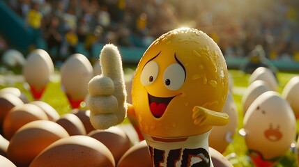 Fototapeta premium Cheerful Egg Character Enjoying a Football Game with Fans