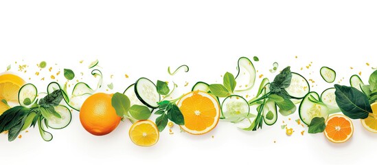 Slices of citrus fruits and veggies on a white surface