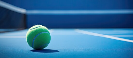 Tennis balls on court with net; blue paddle tennis court two close balls by line - obrazy, fototapety, plakaty
