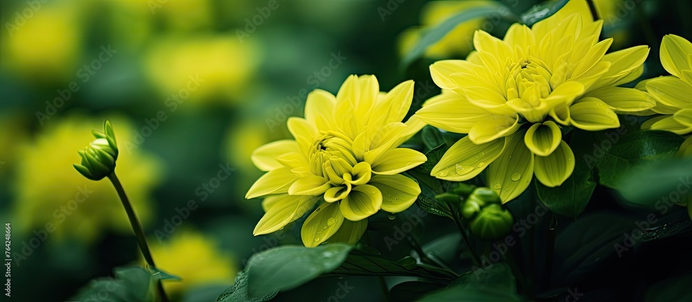 Canvas Prints Yellow flowers among green leaves in a field