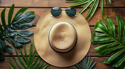 Sun Hat, Sunglasses, Palm Leaves on Wooden Background