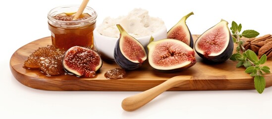 Wooden tray with figs, honey, and spoon - obrazy, fototapety, plakaty