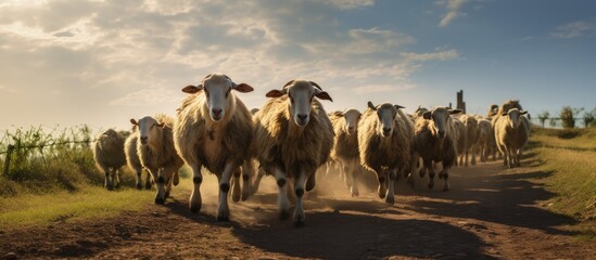 Herd of sheep moving on a dusty path through a vast meadow