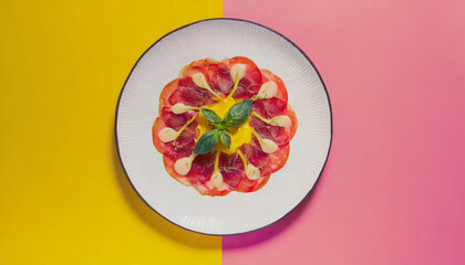 Carpaccio with coloured background and minimalist style